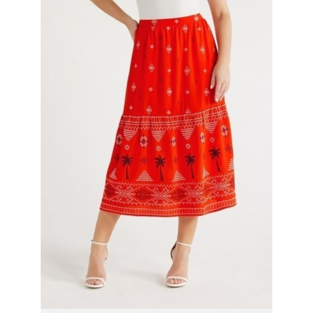 Sofia Jeans by Sofia Vergara Red Embroidered Palm Tree Midi Skirt XS BohoPockets